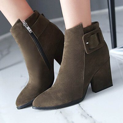 

Rose Fashion Pure Color Pointed Toe Zipper Boots Chunky Heels Vintage Women Boots