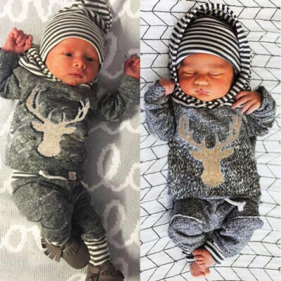 

New Newborn Baby Boys Girls Deer Hooded Tops Sweatshirt Long Pants Outfits Set
