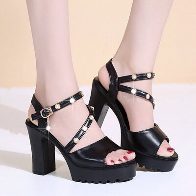 

One-word buckle high-heeled sandals Women Summer Korean version fish-mouth shoe waterproofing table with thick heels