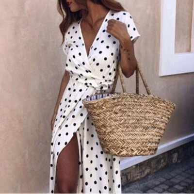 

Women Wrap Summer Boho Polka Dot Maxi Print Dress Ladies Holiday Beach Sundress