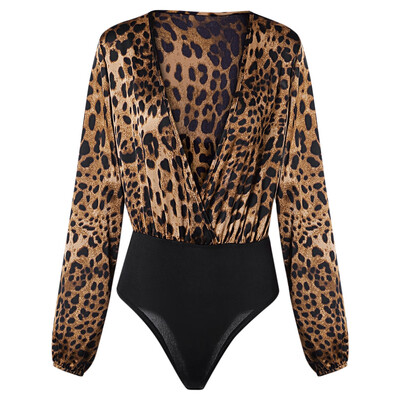 

Sexy Jumpsuit Women Long Sleeve Romper V Neck Leopard Print Overall