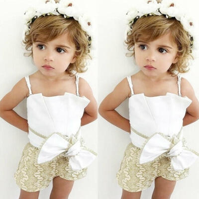 

Newborn Kid Baby Girl Lace Sling Openwork Bow Rompers Tops Summer Clothes Set