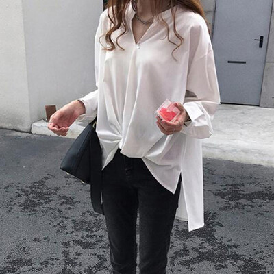 

Tailored Women Plus Size Casual Solid Blouse V-neck Loose Shirt Button Long Sleeve Tops
