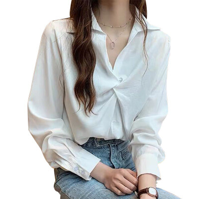 

Blouse Women Tops Long Sleeve Solid Color Pullover V-Neck Office Lady Shirts Female 2019 Fashion Casual Tops Chemisier Femme