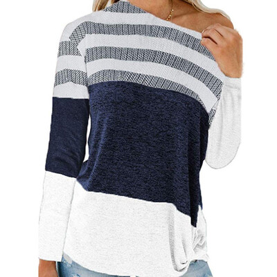 

Tailored Women Casual Bat Sleeve O Neck T-Shirt Loose Color Block Knot Side Tops Blouse
