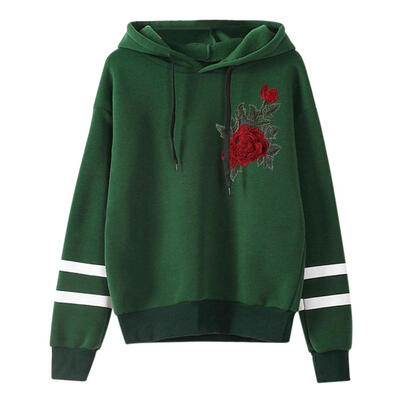 

Winter Warm Women Hoodie Rose Embroidery Long Sleeve Hooded Sweatshirt