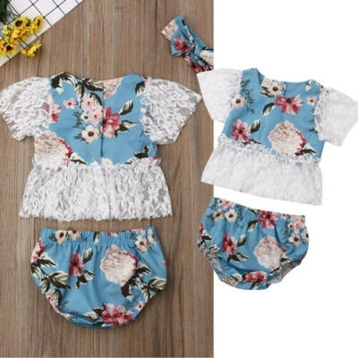 

Baby Girls 3PCs Princess Floral Print Outfits Set Lace Short Sleeve Tops Shorts Headband