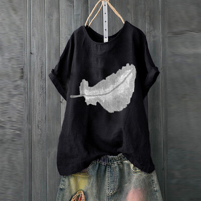 

Starmoon Plus Size Women Short Sleeve Cotton Linen O-Neck Print Blouse Top T-Shirt