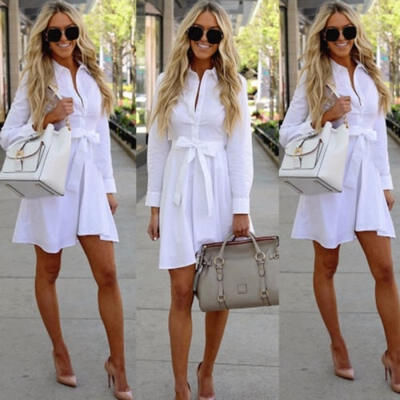 

Elegant Women Casual Long Sleeve Dress Lady Party White Slim Shirt Dresses