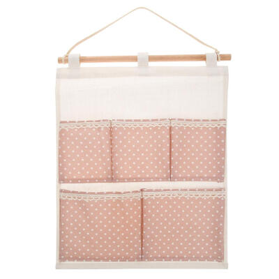 

5 Pockets Dots Print Cotton Linen Door Wardrobe Wall Hanging Storage Bags