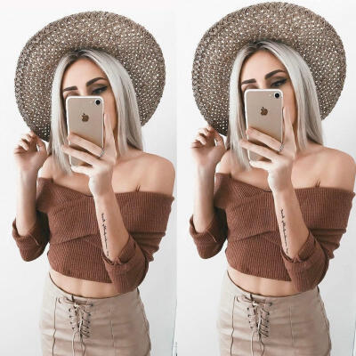 

Fashion Women Long Sleeve Off Shoulder Crop Top Knit Shirt Casual Tee Blouse Sweater