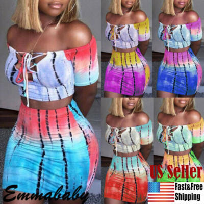 

US Women Crop Top Short Skirt Bodycon Evening Cocktail Party Two Piece Set Dress