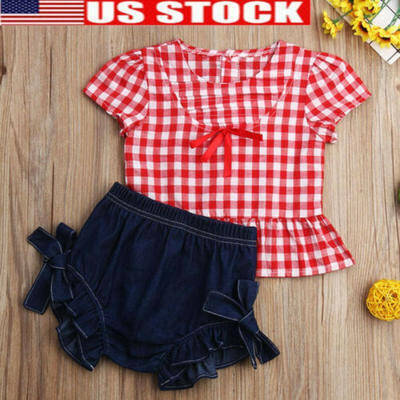 

USA Toddler Kids Baby Girl Summer Tops T-shirt Denim Shorts 2Pcs Outfits Clothes