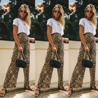 

AU Women Leopard Palazzo High Waist Wide Leg Loose Casual Pants Sports Trousers