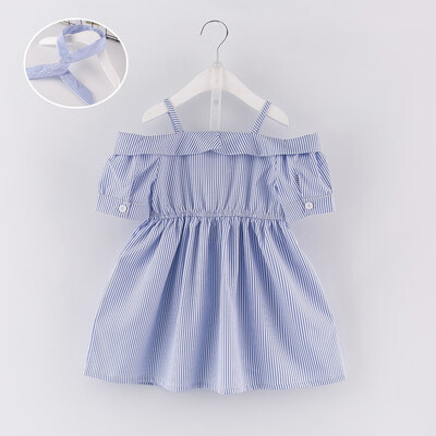 

2pcs Summer Dress Casual Baby Girls Short Sleeve Off-shoulder Stripe Print Dress Kids Toddler Pageant Sundress with Headband