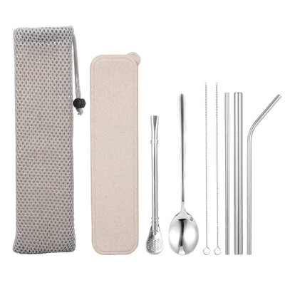 

7PCS Stainless Steel Straws Reusable Straws Set with Straw Spoon Cleaning Brush Portable Box Bag