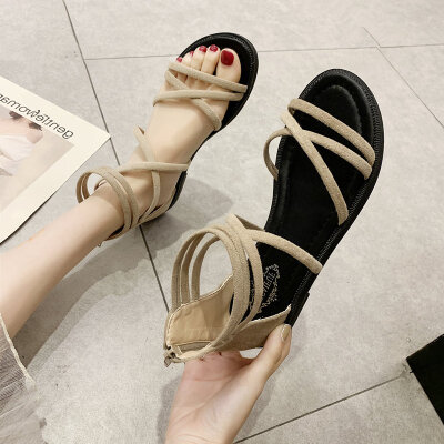 

Sandals Girl Xia Baitao Gentle Fairy Wind Rome Cross Band Flat Bottom Student Zipper Soft Pack heel