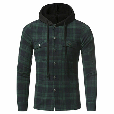 

Mens Hooded Quilted Padded Shirt Flannel Plaid Work Jacket Check Casual Tops