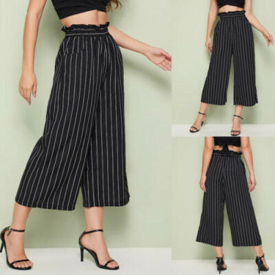 

US WOMEN LADIES STRIPED PRINT WIDE LEG TROUSERS FLARED PALAZZO PANTS SUMMER NEW