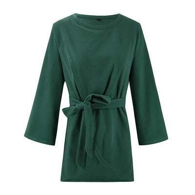 

Women Fashion Casual All-match Concise Solid Color Autumn Winter Tied Seven-point Sleeves Warm Wool Coat Dress
