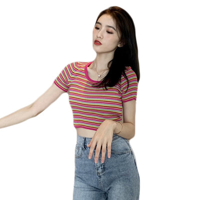 

Women Striped Short Knit Tee Shirt Sexy U-neck Short-sleeved T-shirt Female Short Shirt