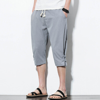 

Tailored Mens Summer Fashion Leisure Pure Color Button Linen Loose Calf-Length Pants