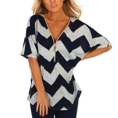 

Womens V Neck Geometric Print Zipper Short Batwing Sleeve T-Shirt