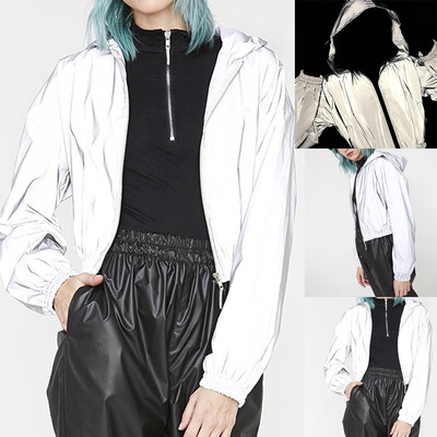 

Tailored Women Fashion Street Trendy Hat Zipper Reflective Long Sleeve Short Coat Tops