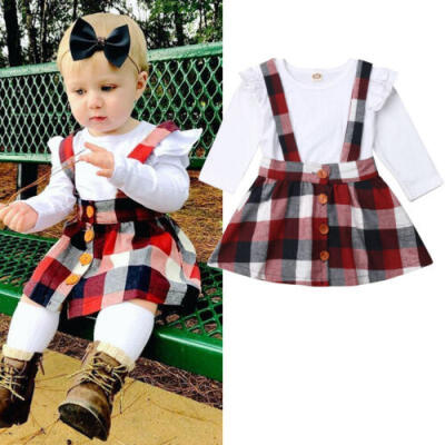 

UK Long Sleeve Toddler Kid Baby Girl Plaid Top Skirt Party Pageant Dress Clothes