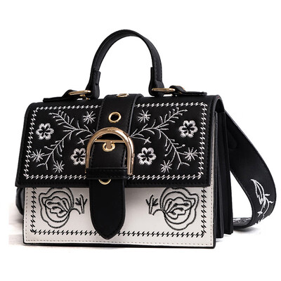 

Floral Print Fashion Women Bag Panelled Vintage Girls Bags for Girls Black PU Leather Women Messenger Bags Gift Drop Shopping