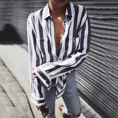 

Starmoon Womens Casual Turndown Neck Long Sleeve Striped Pockets T Shirt Top Blouse