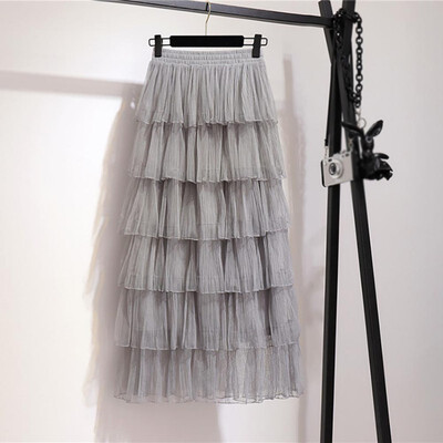 

Spring Summer Sweet Cake Layered Long Mesh Skirts Princess High Waist Ruffled Vintage Tiered Tulle Pleated ins Skirts Lace