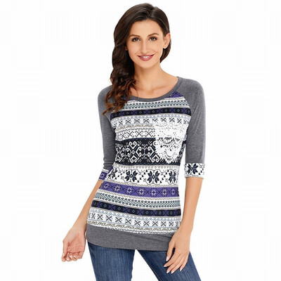 

Round neck cropped sleeves Lagrand lace pocket print striped casual top