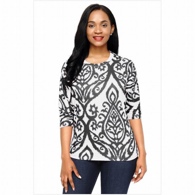 

Round neck five-point sleeves retro printed stitching casual straight top