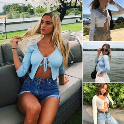 

New Women Sexy Open chest Bow Long Sleeve T-shirt Tops Exposed Navel Slim Shirt