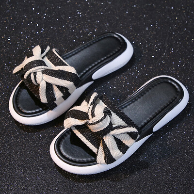 

Slippers women wear 2019 summer new bow Korean striped soft bottom fashion Joker flat bottom sandals