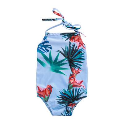 

Cute One Piece Swimsuit Lace-up Plants Printed Bathing Suit Girl Beachwear
