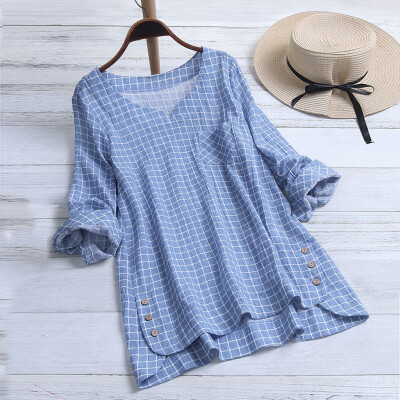 

Nomeni Women Casual Plus Size Cotton Tops Tee T Shirt Vintage Plaid Button Loose Blouse