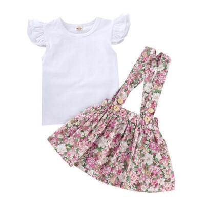 

US Toddler Baby Girls Tops T-shirt Flower Cotton Suspender Skirt Dress Sundress
