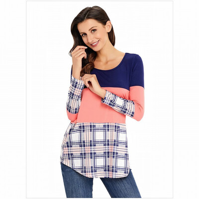 

Round neck long sleeve plaid stitching shirt casual straight top