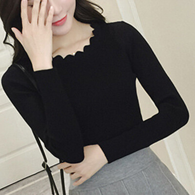 

Fashion Women Pullovers slim thread bottoming sweater lace low round neck solid color sleeve long sleeve sweater top female