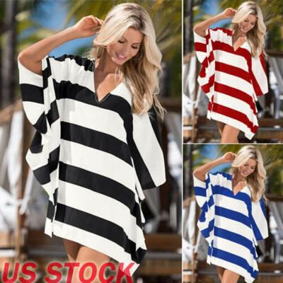 

Womens V Neck Pullover Long Tunic Tops Casual 34 Sleeve Striped Blouse T Shirt