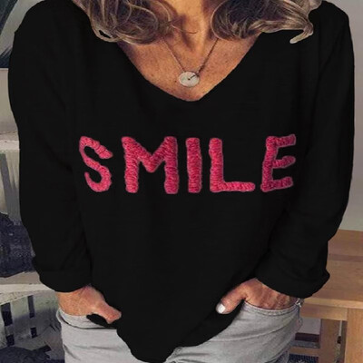 

Contrast Letters SMILE Embroidery V-neck Long Sleeves Tee
