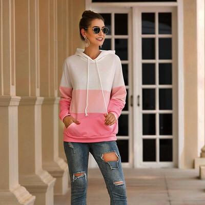 

Women Loose Hoodies Hooded Sweatshirt Drawstring Striped Splicing Front Pocket Pullovers Autumn Spring Casual Tops Street Outwear
