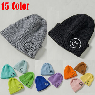 

HOT 1Pcs Warm Wool Knit Hat Kid Boy Girl Autumn Winter Embroidered Smiley Hat