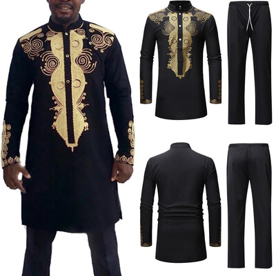 

Toponeto Mens Autumn Winter Luxury African Print Long Sleeve Dashiki Shirt Suit