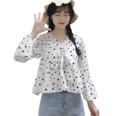 

summer new female V-neck trumpet sleeves lace-up bow lotus leaf shirts womens solid color elegant blouses shirt