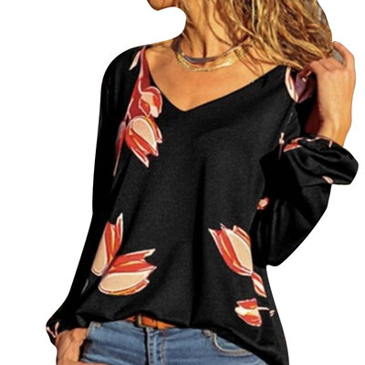 

T-Shirts Women Autumn Fashion All-match Flower Printed Slim Causal Fit V Collar Long Sleeve T-shirts