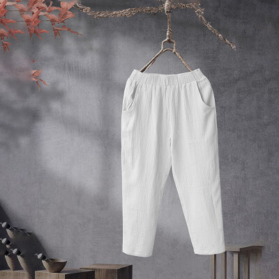 

Womens Solid Color Elastic Waist Cotton Linen Pants Loose Casual Harem Trousers