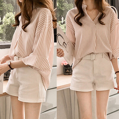 

Starmoon Fashion Women Business Shirt Stripe Printing Three Quarter V-Neck Blouse